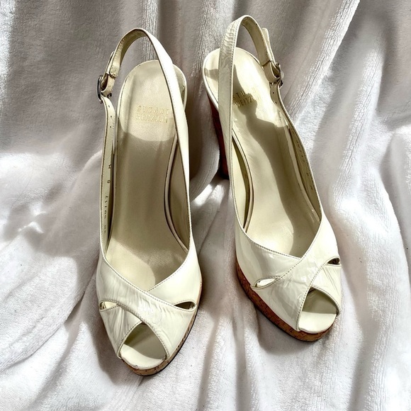 Stuart Weitzman white patent leather sling back peep toe with cork heel size 8 - Picture 2 of 15
